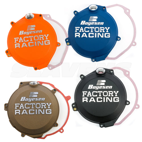 Boyesen Factory Racing clutch cover cast aluminum UV-resistant powder coat black red orange blue for Honda CRF Yamaha YZ KTM dirt bike motocross